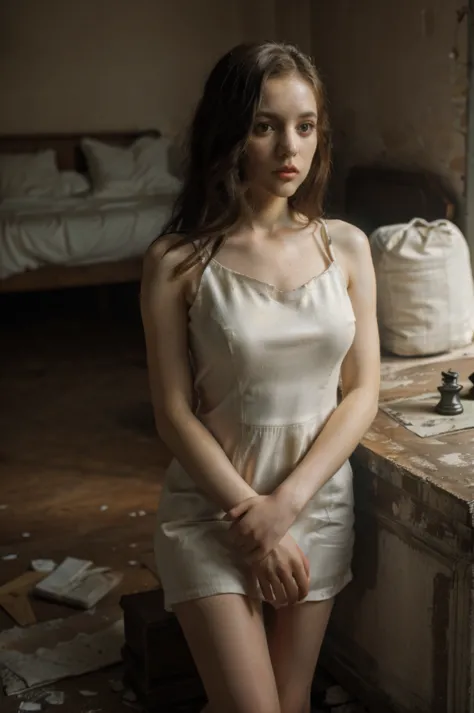 Oil painting by Nick Alm, a beautiful young woman, full body, is standing ((woman looks at camera)) standing, long white dress, ...