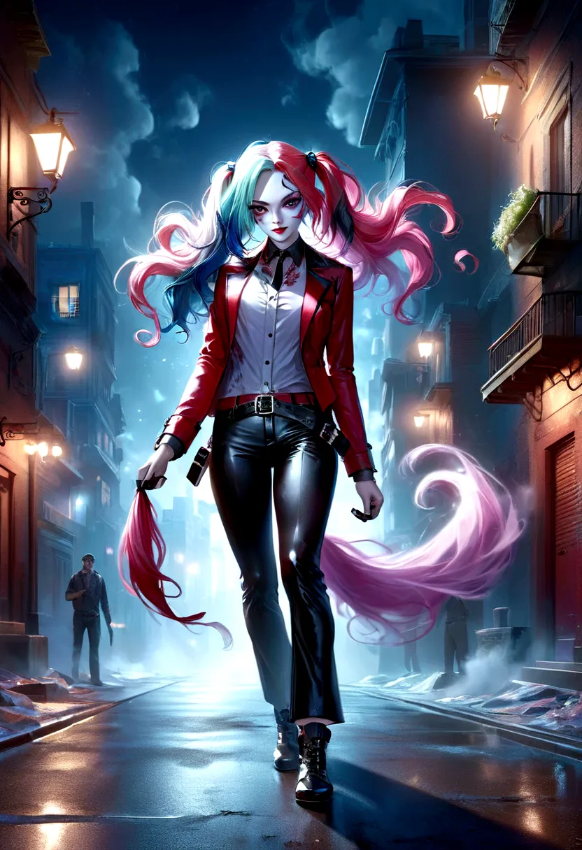 villain harley quinn, long colored hair, smeared makeup, tight costume, belt with shiny buckle, a bat in his hand, exteriors, ni...