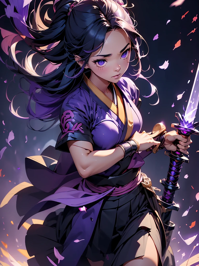 (masterpiece), (best quality), (dutch angle), (hyper detailed), (High resolution), 4k, (good anatomy), (nice hand), (perfect hand), (HDR:1.2), (illustration), (extremely delicate and beautiful)
1girl, (kunoichi:1.2), black hair, black eye, lean body, waist slender, leg slender, (Japanese clothes), kimono, ninja, (kunoichi uniform), (gauntlet:1.2), (greave:1.2), (gaiter:1.2), (purple flame:1.5), (purple fire:1.5), (holding purple flame sword:1.5), (holding purple energy sword:1.3), (purple flame katana:1.3), (swing a purple flame sword:1.3),
battle, fight, (vengeful spirit come's attack), (vs vengeful spirit)
(purple confetti:1.5), (cave), dungeon,