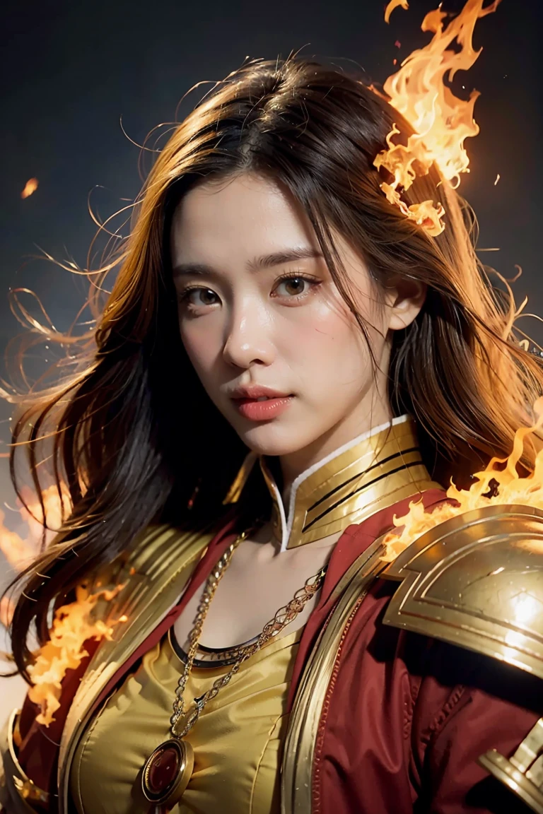 Close-up of a woman with fire and flames on her body., of flame, With fiery golden cloak., Grand fantasy art style, concept art | Art Anointing, phoenix warrior, extremely detailed Art Anointing, Grand fantasy digital art style, Female Master of Change, full portrait of Elementalist, Excellent and neat character art