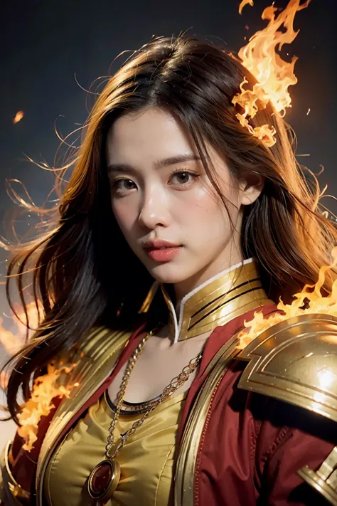 Close-up of a woman with fire and flames on her body., of flame, With fiery golden cloak., Grand fantasy art style, concept art ...