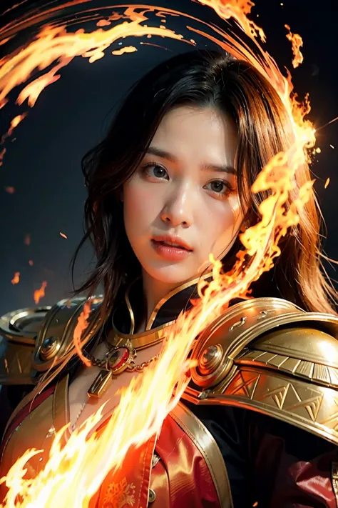 Close-up of a woman with fire and flames on her body., of flame, With fiery golden cloak., Grand fantasy art style, concept art ...