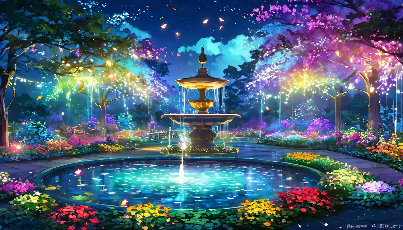 Traumgarten digitale Illustration。farbenfrohe Blumen々Ein wunderschöner Garten voller blühender Blumen。In der Mitte des Gartens befindet sich ein Lichtbrunnen.、Das Wasserspritzen glänzt in Regenbogenfarben。Im ganzen Garten schweben Laternen.、Es strahlt ein sanftes Licht aus。in der Nacht, Der gesamte Garten leuchtet auf magische Weise in fluoreszierenden Farben.、Blüten und Blätter、Der Brunnen&#39;Das Wasserspritzen wird mit einem mystischen Licht beleuchtet.。Lichtteilchen schweben in der Luft、Die Gesamtatmosphäre ist geheimnisvoll und verträumt.。
