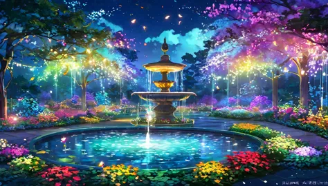 Dream garden digital illustration。Colorful flowers々A beautiful garden filled with blooming flowers。In the center of the garden t...