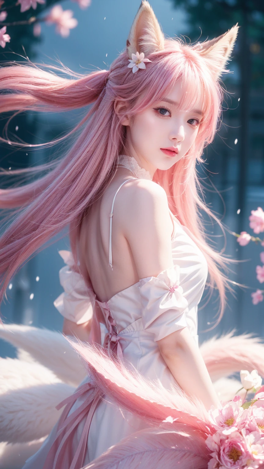 Nine snow-white fox tails (1.0), Milky white fox tail (1.0), Nine-tailed fox close-up, Nine Tails, Nine Tails, Pink Hair、Wearing a pink dress、Anime girl with flowers in her hair, very Beautiful anime fox girl, Beautiful anime fox girl, Beautiful fantasy anime, Gu Weiss, Anime girl with fox ears, Beautiful anime girl, Very beautiful and cute fox girl, Pink flower rain, Background blur, Anime style 4k, Anime Fantasy Artwork, 4k anime wallpaper, Guvez-style artwork