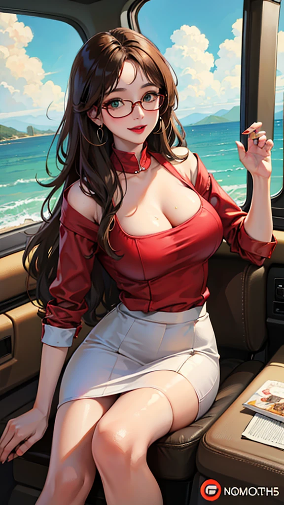 Wife 30 years old，Large Breasts，Brown wavy hair，earrings，Smile，cloudy day，Sexy，noble，red glasses，green eyes，lipstick，Soaked all over，Sheer and tight-fitting driver&#39;s uniform，Meticulous background，Inside the fighter hangar