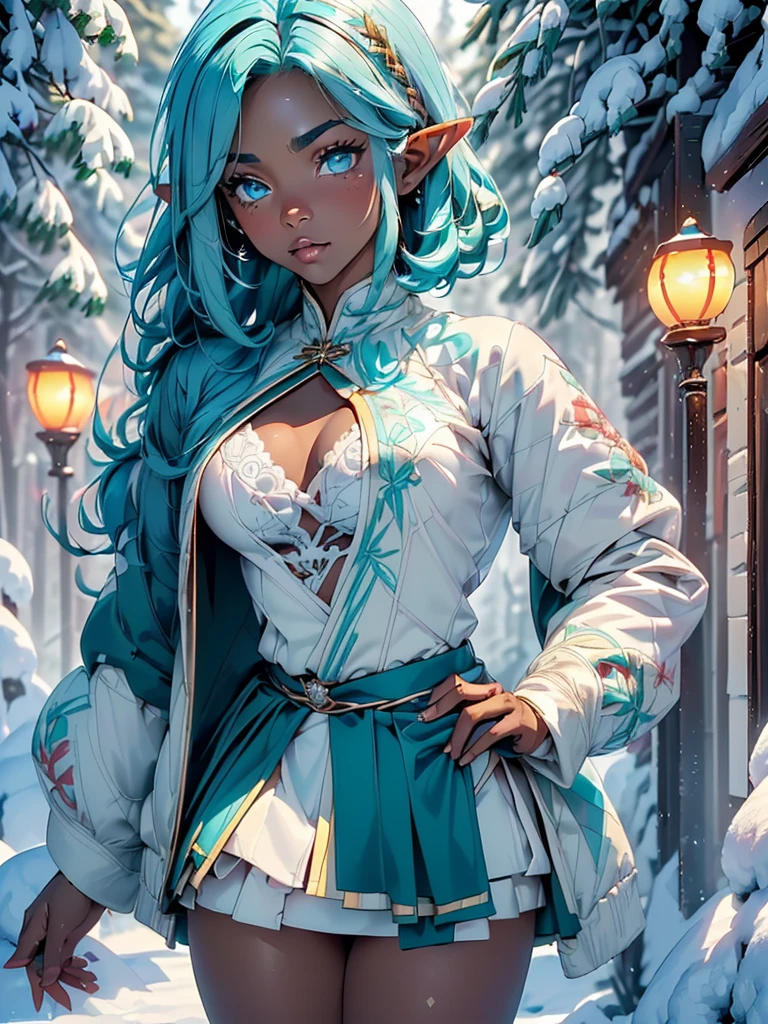 cute loli elf,(((little ,tiny little body,little))),(((6 years old))),((anime elf  with extremely cute and beautiful aqua hair)), (((elf,elf ears))),((lesbian,yuri)),(((flat chest))),((((aqua hair:1.35,undercut aqua hair,short hair,colored inner hair,ear breathing)))),(((aqua_eyes:1.3))),intricate eyes,beautiful detailed eyes,symmetrical eyes,big eyes:1.5,(((dark skin,dark_skin,lustrous skin:1.5,bright skin: 1.5,skin tanned,shiny skin,very shiny skin,shiny body,plastic glitter skin,exaggerated shiny skin,illuminated skin))),(,detailed body,(detailed face)),cute,slutty,erotic,daring,(((nsfw))),zettai ryouiki,revealing clothing,show skin,(((Sexy aqua fur coat, aqua fur coat outfit, wearing a ice dress:1.3,aqua winter coat))), ((ice dress,elegant ice dress)),(white gloves,white clothes,(((intricate outfit,intricate clothes,embroidered outfit,ornate outfit,embroidered clothes,ornate clothes))),(dynamic pose:1.0),embarrassed,(centered,scale to fit dimensions,Rule of thirds),((snowy pine forest)),winter,scenery:1.25,((intricate scenery)),((snow forest background)),Christmas tree,(Glossy winter ornaments),highres,sharp focus,(ultra detailed,extremely detailed),(photorealistic artwork:1.37),(extremely detailed CG unity 8k wallpaper),(((vibrant colors,vibrant theme))),(intricate),(masterpiece),(best quality),