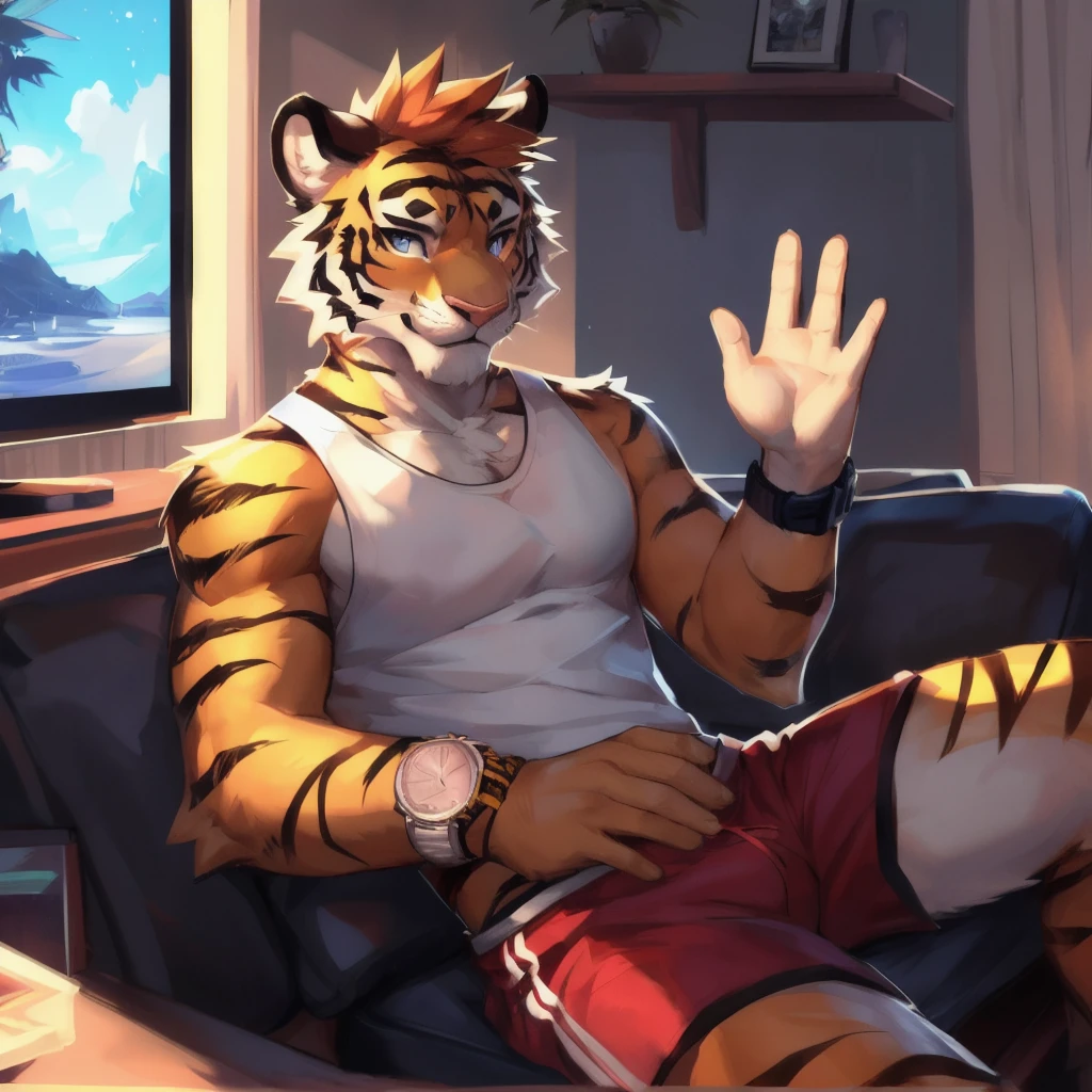 Tiger Boy, living room, daytime, sit, Dynamic Lighting, Beautiful Lights, masterpiece, bench, watch TV, Sunlight, by zackary911, Chunni, Delicate eyes, anthropology, love, attractive, Solitary, Looking at the camera, (waving at viewer, sports bras), 温暖的微lol, Excited eyes, 傻lol, Romantic gaze, Arm Rest, invite, Floating pink love heart, ((5 fingers)), White T-shirt, Red shorts, Godre, 8K, Highest quality, The most detailed, 微lol, lol,Digital Painting, ((Brushstrokes)), (Sketch lines), Sexual style, Sexual, The art of math