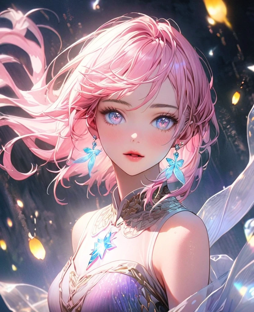 8K,Gal，Very delicate and beautiful,Beautiful and realistic skin,Sparkling jewel earrings,Luminous tattoo,Long pink hair,Beautiful Eyes,whole body,Firefly,Aodai