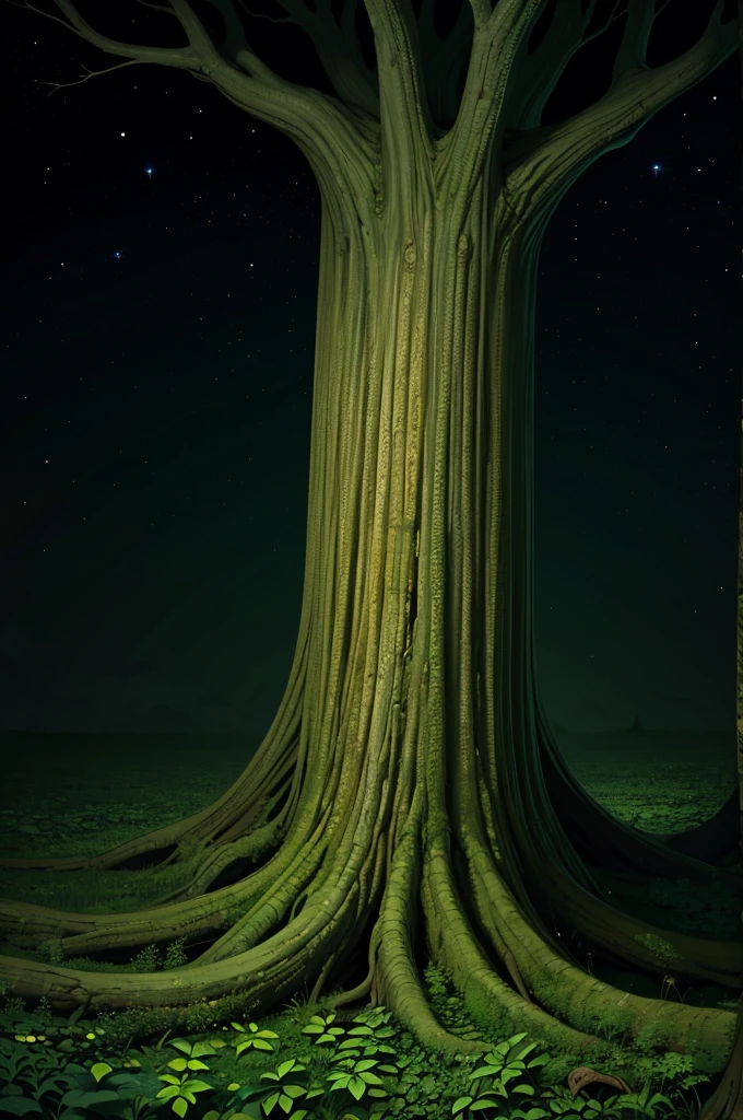 Un arbre géant antique，Des feuilles vert foncé，Des motifs étranges partout sur le tronc de l'arbre，L'arbre est dans un espace claustrophobe, Un espace vide et sombre