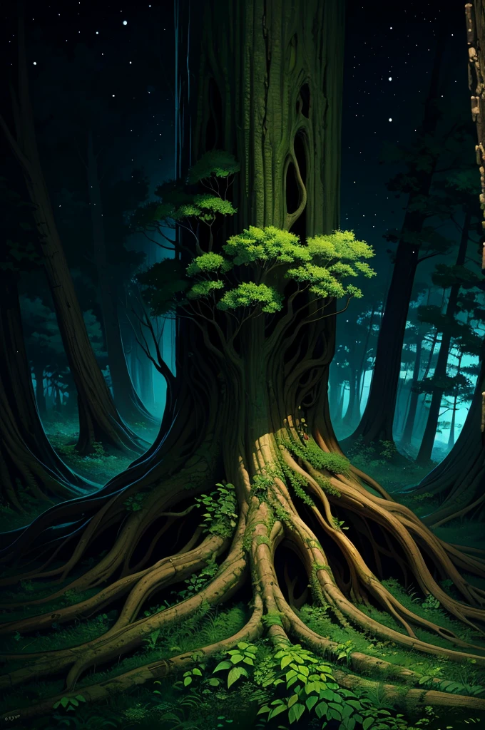 Árbol gigante antiguo，hojas de color verde oscuro，Patrones extraños por todo el tronco del árbol.，El árbol está en un claustrofóbico., espacio vacío y oscuro