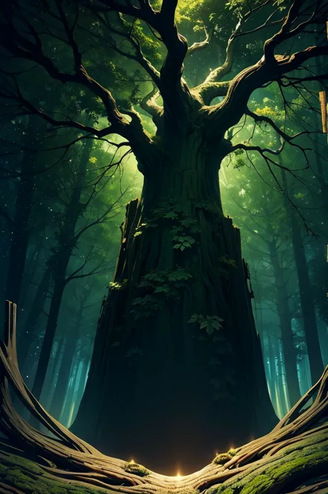 Ancient giant tree，Dark green leaves，Strange patterns all over the tree trunk，The tree is in a claustrophobic, empty and dark sp...