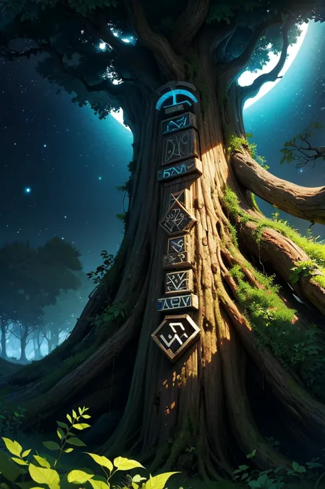Ancient giant tree，Dark green leaves，Strange runes all over the tree trunk，The tree is in a claustrophobic, empty and dark space