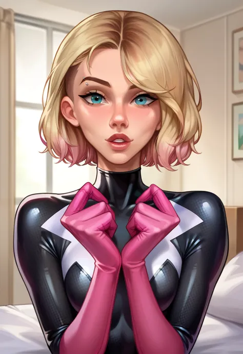 score_9, score_8_up, score_7_up, source_cartoon, BREAK 1girl, solo, short hair Gwen Stacy, looking at viewer, parted lips, (Spid...