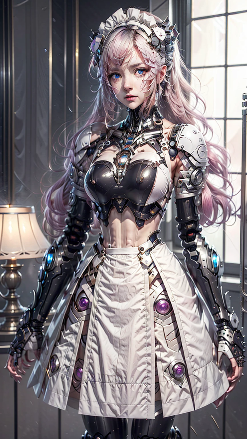 Very detailed, Advanced Details, high quality, 最high quality, High resolution, 1080P, HD, 4K,  beautiful,(Machine),beautiful cyborg mixed maid female, Mecha Cyborg Girl,Mecha Body Girl,She is wearing a futuristic mech, victorian maid dress, from the front, From the skirt up,A cute room for children, bed room, bed,