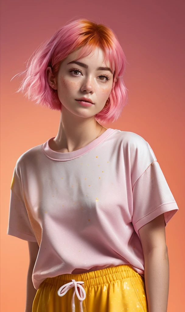 (masterpiece,best quality, ultra realistic,32k,RAW photo,detail skin, 8k uhd, dslr,high quality, film grain:1.1), short hair , pink hair hair:1.1,portrait,lady, brown eyes, DayGlo yellow Pajama pants and oversized t-shirt, freckles, (Rust gradient background,led light, edge light, simple background)