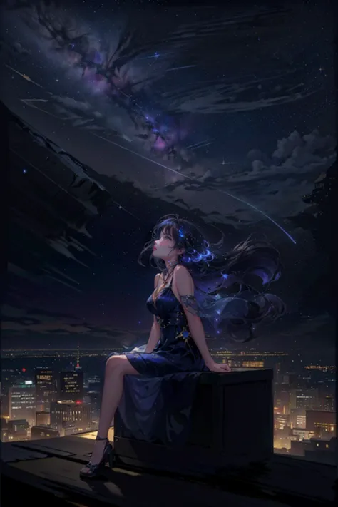 1girl,solo,cool,brilliant eye,outdoor,building,rooftop,sitting, look up at the sky,faw away,at night,octans,starry sky,milky way...