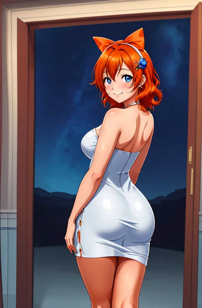 masterpiece, best quality, cowboy shot, from behind, looking back,wallpaper, kousaka honoka,orange hair , blue eyes, ((short silver bodycon dress)), strapless,latex, cute smile , hair ornaments, (curvy body), standing for interview,red carpet