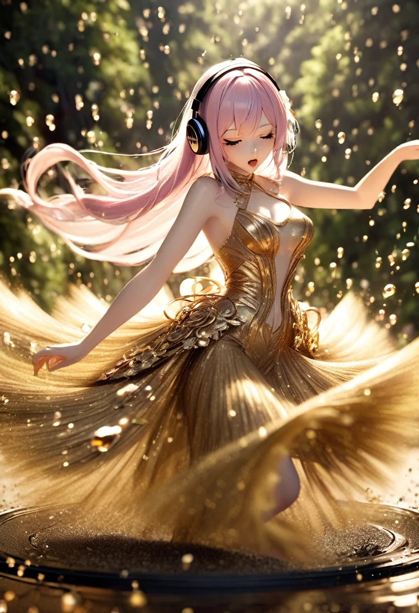 best quality, super fine, 16k, incredibly absurdres, extremely detailed, 2.5D, delicate and dynamic depiction, Megurine Luka, Vocaloid character, cool and stylish headphones, holding Elvis-Mic, attractive and seductive expression, glamorous slender body, singing a grand and majestic ballad against the backdrop of nature, very beautiful effects, (water droplets, gold dust, image processing that makes it look like a stop-motion scene), (motion blur, action blur:0.5)