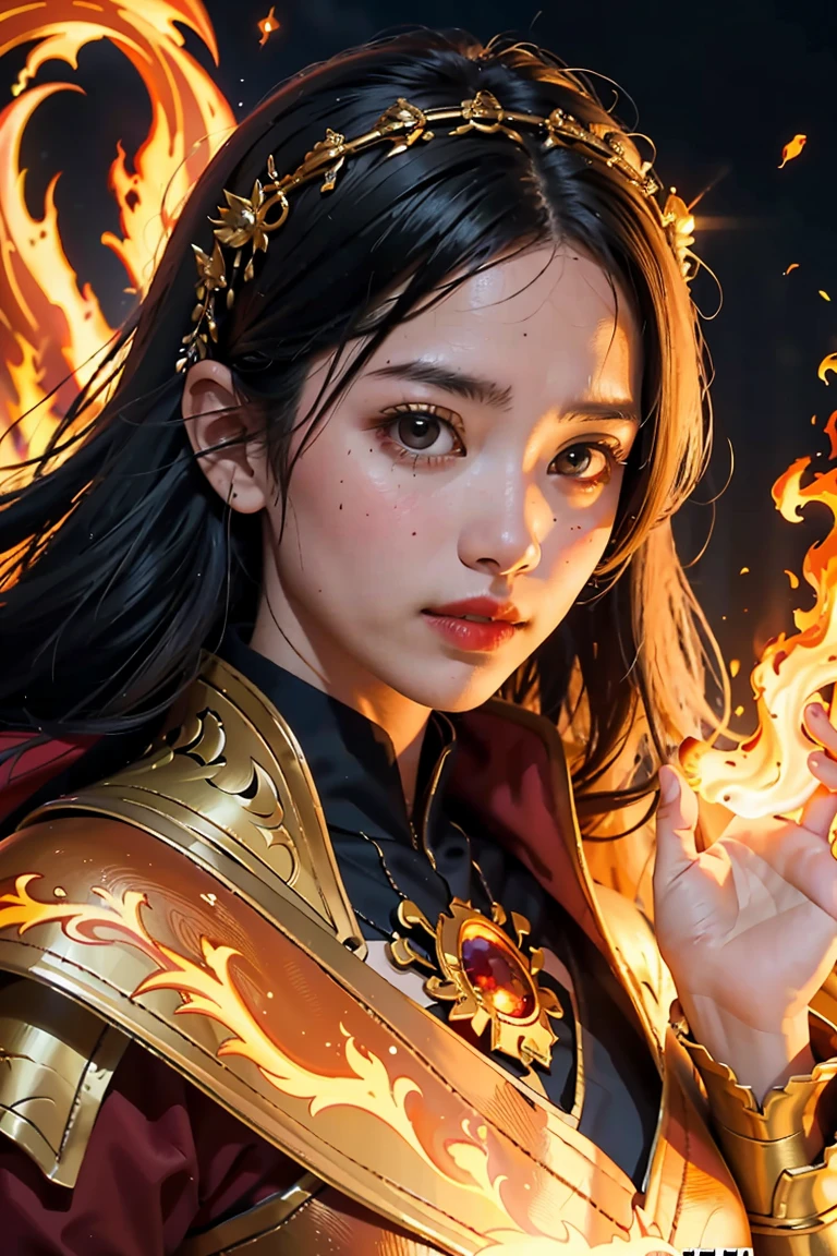 Close-up of a woman with fire and flames on her body., of flame, With fiery golden cloak., Grand fantasy art style, concept art | Art Anointing, phoenix warrior, extremely detailed Art Anointing, Grand fantasy digital art style, Female Master of Change, full portrait of Elementalist, Excellent and neat character art