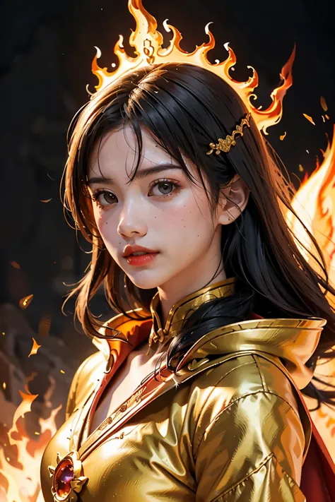 close-up of a woman with fire and flames on her body., of flame, with fiery golden cloak., grand fantasy art style, concept art ...