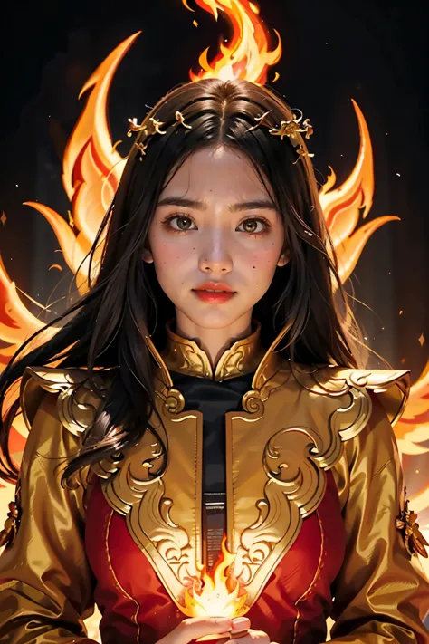 close-up of a woman with fire and flames on her body., of flame, with fiery golden cloak., grand fantasy art style, concept art ...