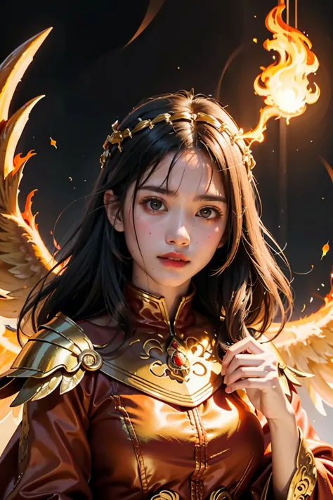 close-up of a woman with fire and flames on her body., of flame, with fiery golden cloak., grand fantasy art style, concept art ...