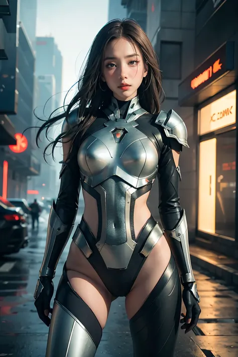 full body shot photo of sexy female cyborg wearing scratched and tarnished futuristic armor in a destroyed futuristic city, fant...