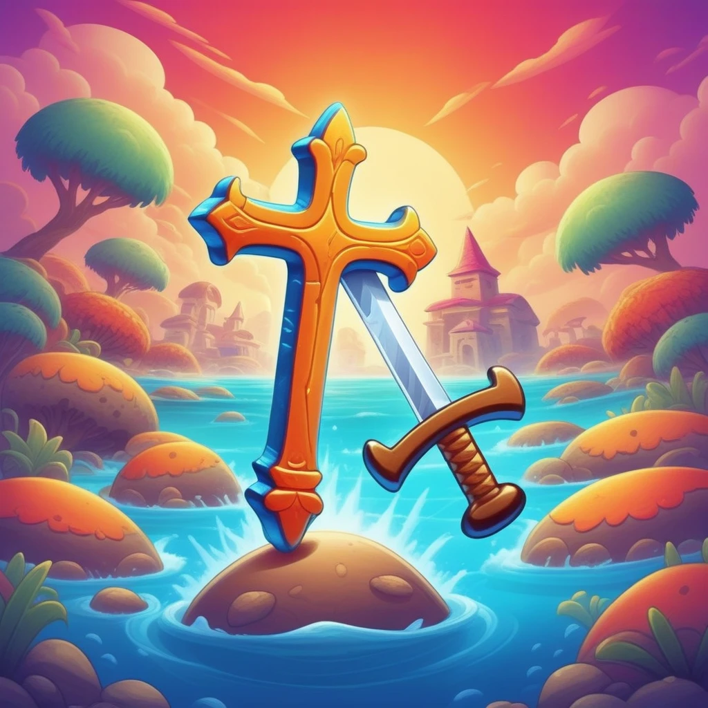 crosses pirate sword , mobile game art, banner, detailed game art, stylized game art, game illustration, splash screen art, full card design, wallpaper!, extended art, adtime style art, saturated colorful, game item, blank background