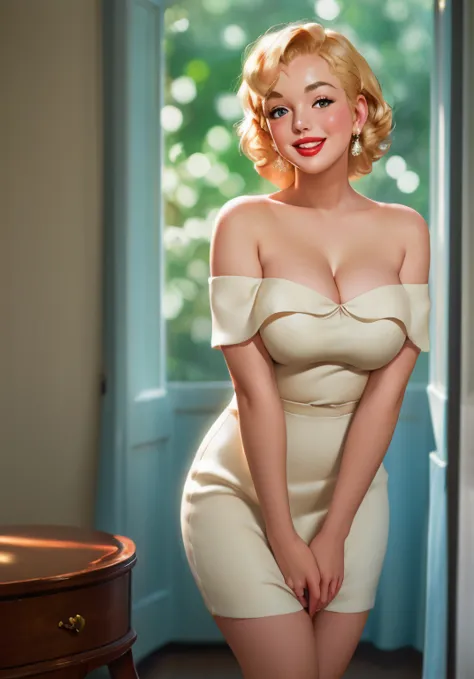 ,(((Full and soft breasts,)))(((Huge breasts))) (((Cleavage))) (Perfect curvy figure), RAW photos, 1 female, portrait of marilyn...