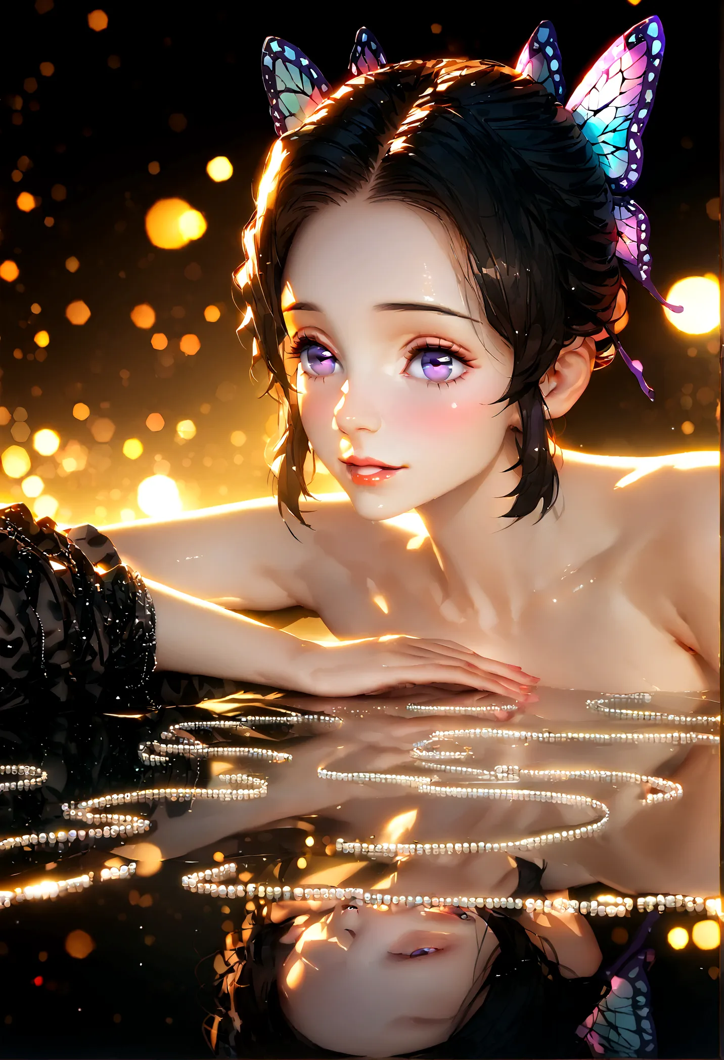 Shinobu kochou, erotic smile, blush, horny, black hair with purple tips, kimetsu no yaiba, purple eyes, butterfly hair ornament,...