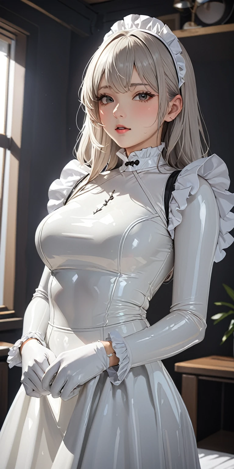 Portraiture、(masterpiece,Highest quality,Ultra-high resolution),Japanese women, (((Very beautiful 25 year old girl))),(White latex maid outfit)、((White latex long skirt))、(A long-sleeved white latex shirt covering the upper body)、White latex gloves、White latex tights、White latex bodysuit、Frills、The clothes fit snugly to the body、Latex is very shiny、Dark Room、