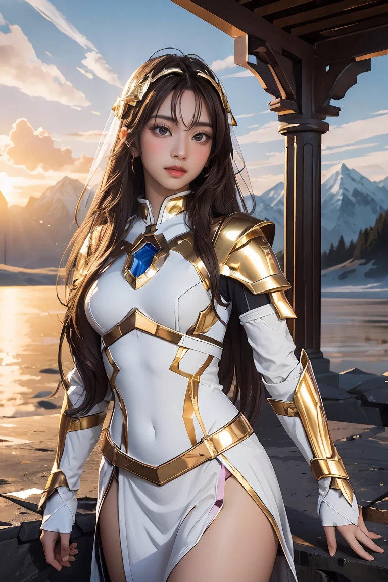 ((masterpiece, best quality, extremely detailed), volumetric lighting, ambient occlusion, colorful, glowing), 1girl, solo, young girl, (dark hair), long hair, halo, aura, sacred, goddess, cleric suit, (white outfit with gold detailst:1.3), armor, outdoors, sunset, sky, clouds, space, (fantasy theme:1.2), full armor
