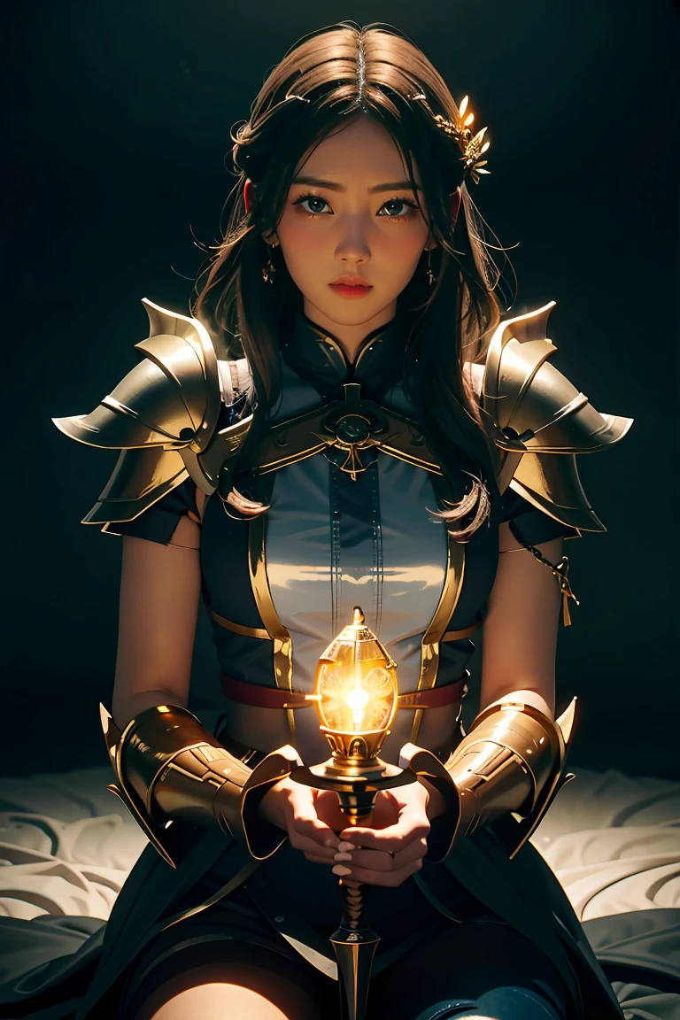 (masterpiece, best quality), A paladin holding a light-infused sword, light magic, divine, mage aura, silver and gold, 4k, dark cityscape, Fujifilm