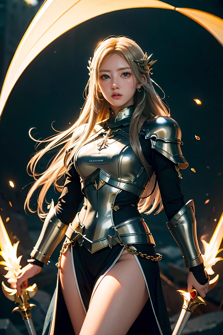 (masterpiece, best quality), A paladin holding a light-infused sword, light magic, divine, mage aura, silver and gold, 4k, dark cityscape, Fujifilm