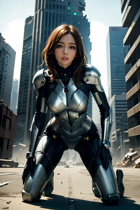 full body shot photo of sexy female cyborg wearing scratched and tarnished futuristic armor in a destroyed futuristic city, fant...