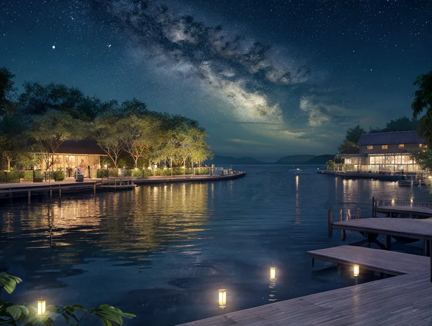 painting of a neon moonlight,starry sky、dock area, bougainville décor , 4k high definition, moonlight, xia yun,ocean, moonlight ...