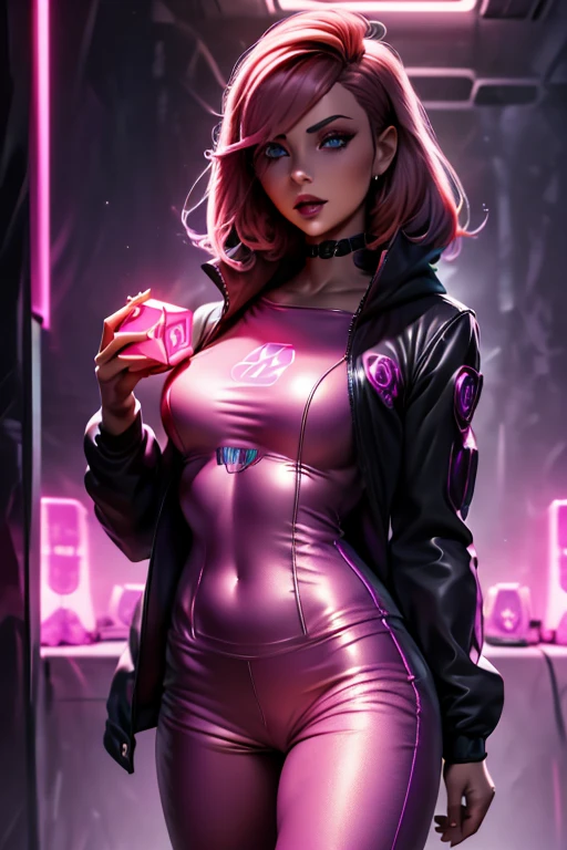 mujer con una chaqueta rosa sosteniendo un cubo con una cara brillante, transhumanist ciberpunk cube, (ciberpunk) cabello rosado 1 niña, ojos muy detallados, boca abierta.