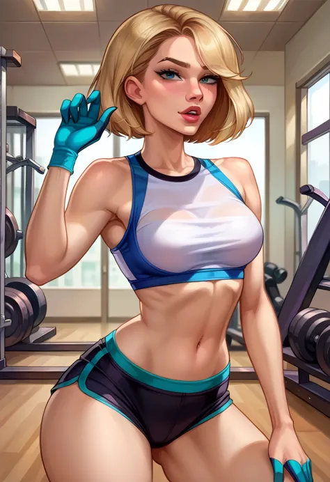 score_9, score_8_up, score_7_up, source_cartoon, BREAK 1girl, solo, short hair Gwen Stacy, looking at viewer, parted lips, (gym ...