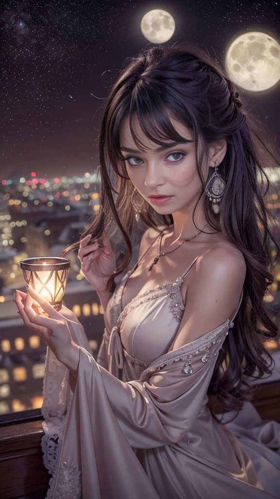 (32k:1.5, Highest quality, masterpiece, Ultra-high resolution), Professional camera work:1.6, Highly detailed skin and face textures:1.3, Captivating portrait:1.2, Very accurate, Very detailed, 1 adult female, ((Amazing night view from the rooftop:1.4, The moonlight at night illuminates my body)), (Satin Nightgown:0.7), Incredibly slim body, Sensual sitting position, sense of loss, Sadness, Expressions of sadness, (Big eyes that exude beautiful eroticism:0.4, Small face, A dreamy look:1.0, I love you with all my heart:0.8, Open your mouth a little, lipstick, Feel the beautiful eroticism:0.9), (Wet dark brown medium length hair), Candles, The chest is medium, Earrings, necklace, bracelet, (romantic, mysterious), Fair skin, elegant, Object of admiration, original, dramatic, Artistic, Innovative, Charm, Heartful, Fancy, sense of openness, sense of cleanliness, Special, exciting, Extreme, Tilt, ((Adult charm, Feminine charm, Hair blowing in the wind)