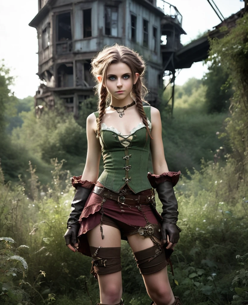 cute elf, (teenage elf  with extremely cute eyes)), (((elf))), ((((high resolution))), (((extremely detailed))), ((masterpiece)), looks like Aerith Gainsborough, dramatic shadows, depth of field, analog photo style, (world in which are collide steampunk and postapocalyptic vibes), postapocalyptic cute female in steampunk aesthetic, torn dirty clothes, depth of field, full body shot, unzoomed, (perfect body: 1.4), (sidecut short hairstyle), (stalking is quite common, although not the best way to make a living), stylized atmosphere of unreality, dark atmosphere, dynamic pose, in motion, Armageddon, increase cinematic lighting, highly lifelike skin texture, parted lips, weary eyes, fine eyes, whitened skin, random hair colour, doomsday aura