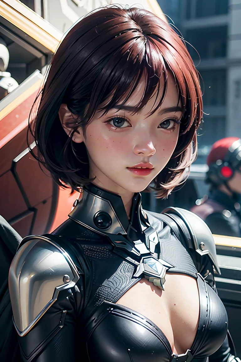 Exoskeleton mecha，Afophialism，Red theme style，Romantic Coco Style，offcial art，Wallpapers by Unity 8K，Hyper-detailing，Master masterpieces，，best qualtiy，A woman who says，（Very detailed），（RAW Photos，best qualtiy），（Realistis，realisticlying：1.3），High- sharpness，Lightly open your mouth，Ultra Detailed Complex 3D Rendering of Face，（Colossal tits：8.8），（highly detailedskin：1.2），（revealing private parts，：1.1），Beautiful Caucasian woman with big buttocks soft breasts and fair skin（toppless）， ，boobgasm，black colored hair，e Blue Eyes，Long grey hair，（（Clear Silk Rope Miniature Bikini）），dynamic angle，mysterious expression，Fireglow effect，Fantasy background，edge lit，Side brightness，cinematric light，hyper HD，8K，film grains，Best Shadow，light particules，detailed skin textures，Detailed gemstone armor texture，A detailed face，intricate detailes，ultra-detailliert，brightened，sturdy，Silver armor，cleavage，Slender Abs， Have a shining weapon，Mecha Shield，pole，（Huge mecha crown with beautiful details）），radiant eyes，long cloak，Fanciful,,,,,（Realistis），