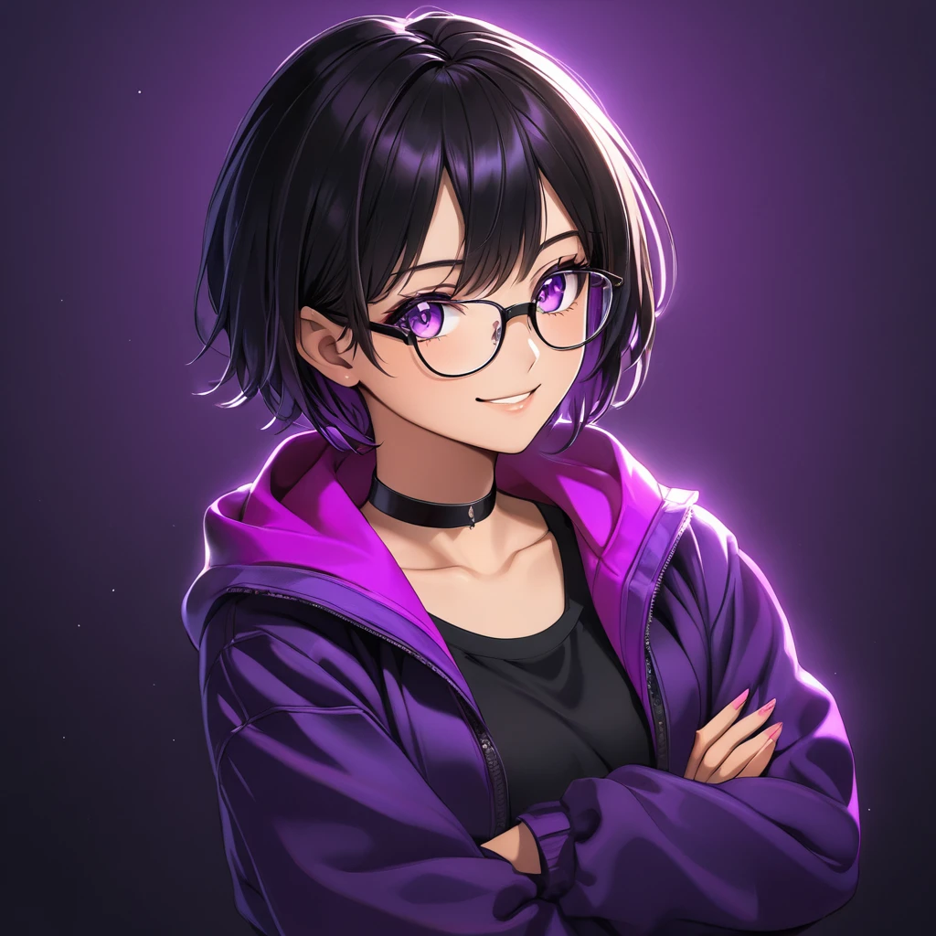 A tomboy girl with short black hair, purple pupils, wearing a black plain  choker - SeaArt AI