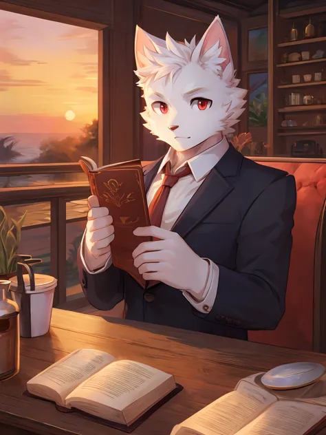 white cat boy，black头发，red eyes，white fur，white hairy hands，black，red tie，cafe，sunset，holding a magic book in hand