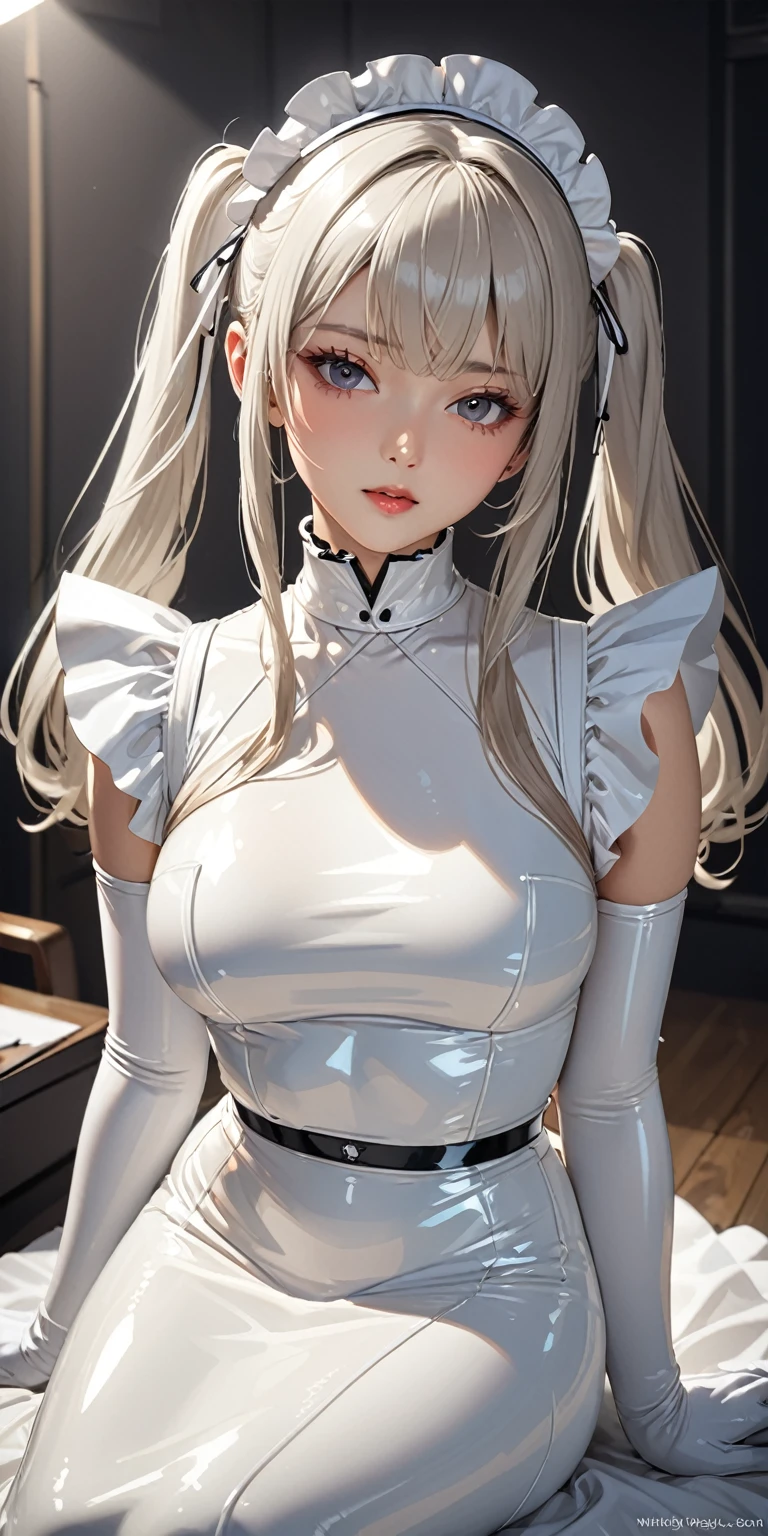 Portraiture、(masterpiece,Highest quality,Ultra-high resolution),Japanese women, (((Very beautiful 25 year old girl))),(White latex maid outfit)、((White latex long skirt))、(A long-sleeved white latex shirt covering the upper body)、White latex gloves、White latex tights、White latex bodysuit、Frills、The clothes fit snugly to the body、Latex is very shiny、Dark Room、