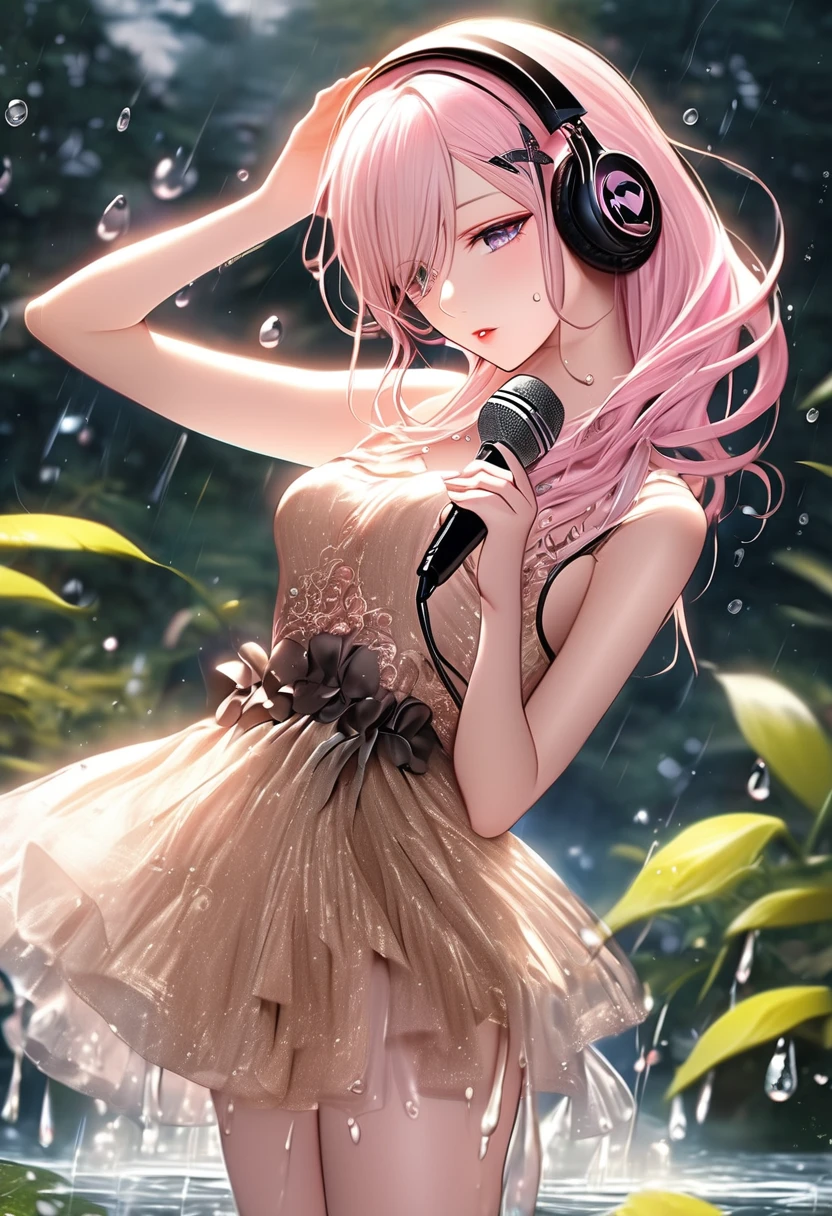 best quality, super fine, 16k, incredibly absurdres, extremely detailed, 2.5D, delicate and dynamic depiction, Megurine Luka, Vocaloid character, cool and stylish headphones, holding Elvis-Mic, attractive and seductive expression, glamorous slender body, singing a grand and majestic ballad against the backdrop of nature, very beautiful effects, (water droplets, gold dust, image processing that makes it look like a stop-motion scene), (motion blur, action blur:0.5)