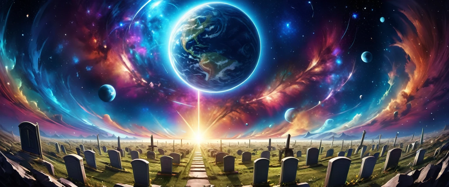 there is  a military graveyard built on the moon, many tombstones in rows (tombstones are identical in shape and color) and lines, ((there is 1flag being raised: 1.4)), in honor of the fallen. the graveyard is based on the moon, you can see the earth in the background and some stars in space, you can see the rings of Saturn, you can see the milky way, vibrant, Ultra-high resolution, High Contrast, (masterpiece:1.5), highest quality, Best aesthetics), best details, best quality, highres, ultra wide angle, 16k, [ultra detailed], masterpiece, best quality, (extremely detailed), 3D rendering, raging nebula