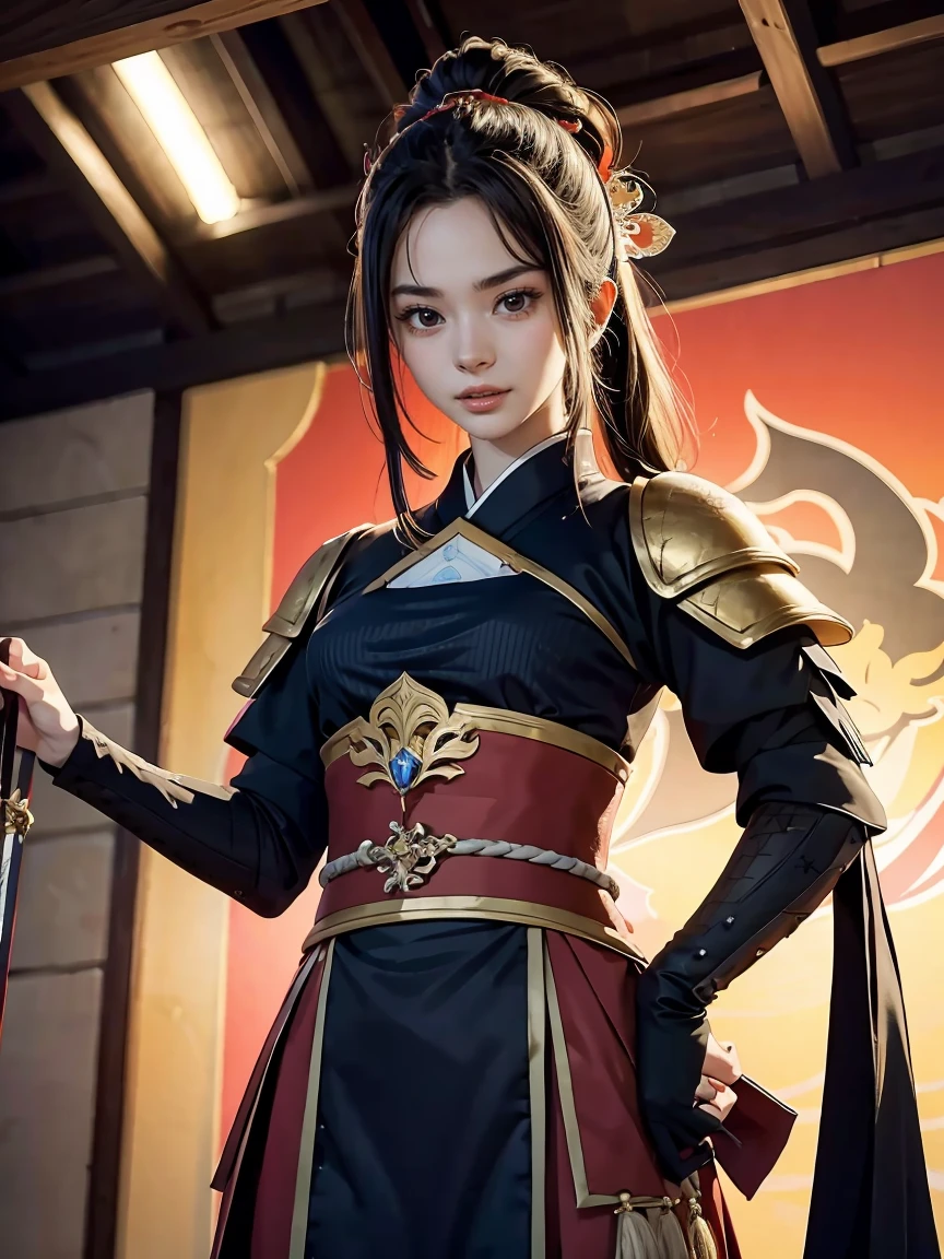 Chica con espada y armadura parada frente a un fondo rojo., arte detallado de onmyoji, impacto de ayaka genshin, onmyoji, ayaka juego genshin impacto, keqing del impacto genshin, irelia, zhongli del impacto genshin, germen artístico extremadamente detallado, retrato onmyoji, mago de pelo negro, blue electro eyes