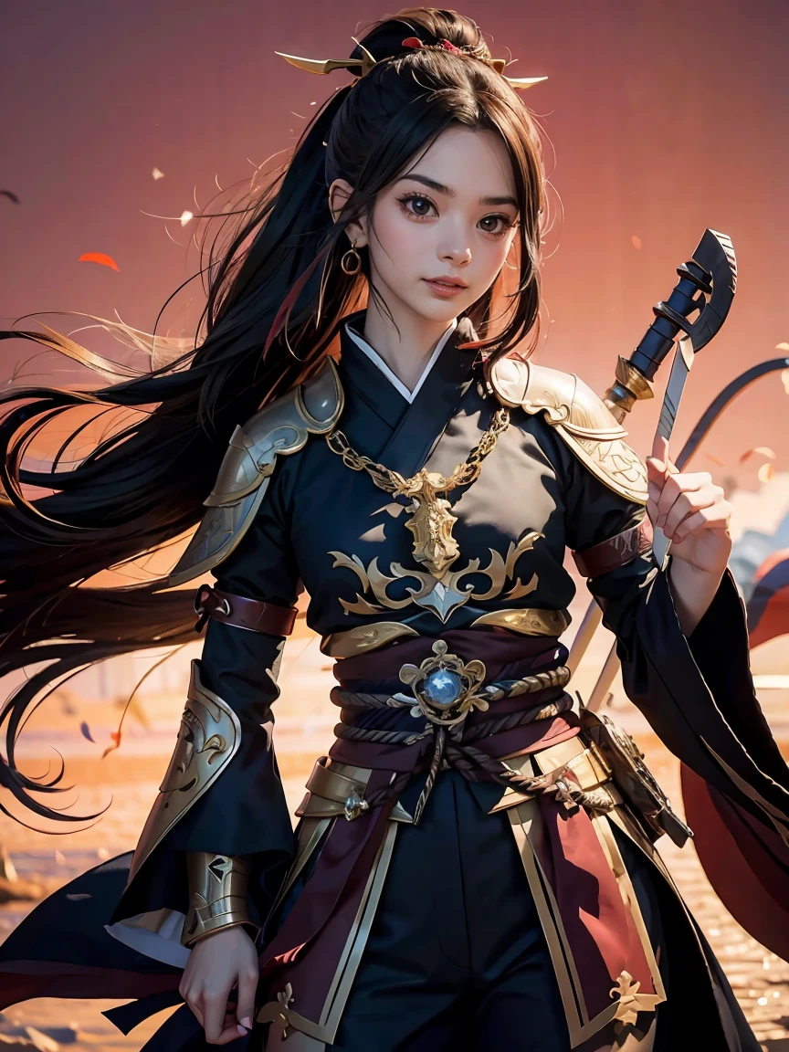 站在红色背景前手持剑和盔甲的女孩, 阴阳师 detailed art, 绫香原神冲击, 阴阳师, 绫香游戏原神冲击, 《原神》中的克庆, 艾莉莉娅, 《原神》中的钟离, 极其详细的 Artgerm, 阴阳师 portrait, 黑发魔法师, 蓝色电眼