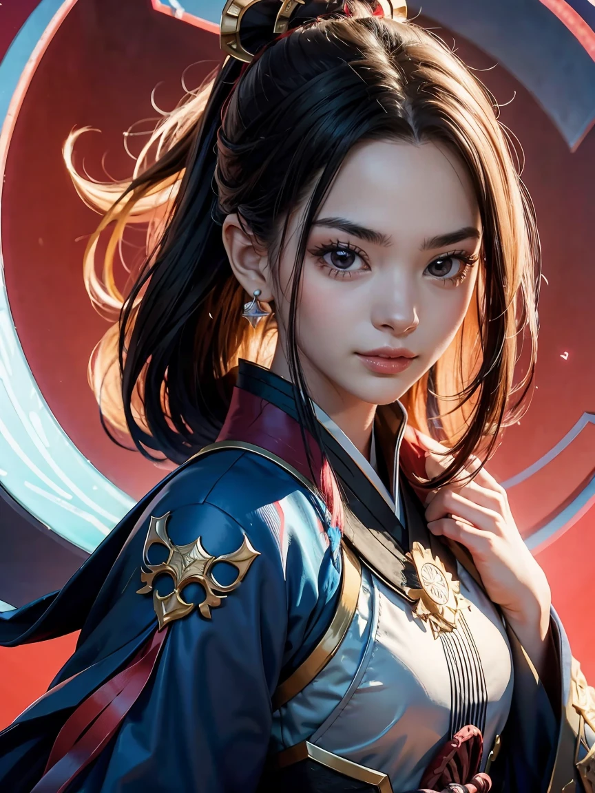 Chica con espada y armadura parada frente a un fondo rojo., arte detallado de onmyoji, impacto de ayaka genshin, onmyoji, ayaka juego genshin impacto, keqing del impacto genshin, irelia, zhongli del impacto genshin, germen artístico extremadamente detallado, retrato onmyoji, mago de pelo negro, blue electro eyes